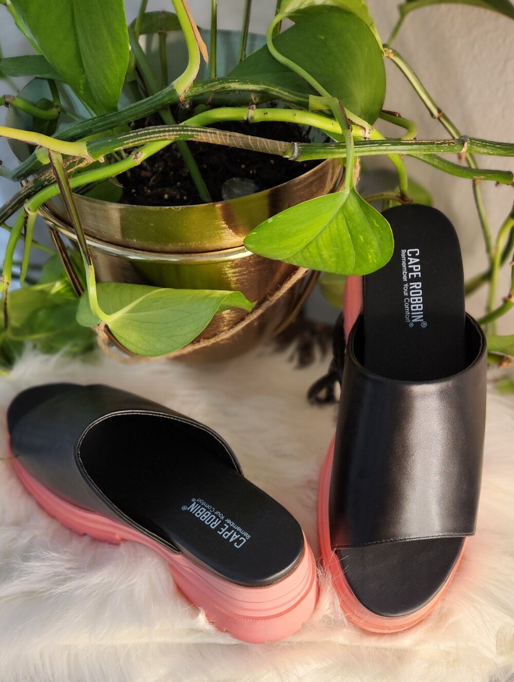 Cape Robbin Black Slide Mules with Pink Platform Sole